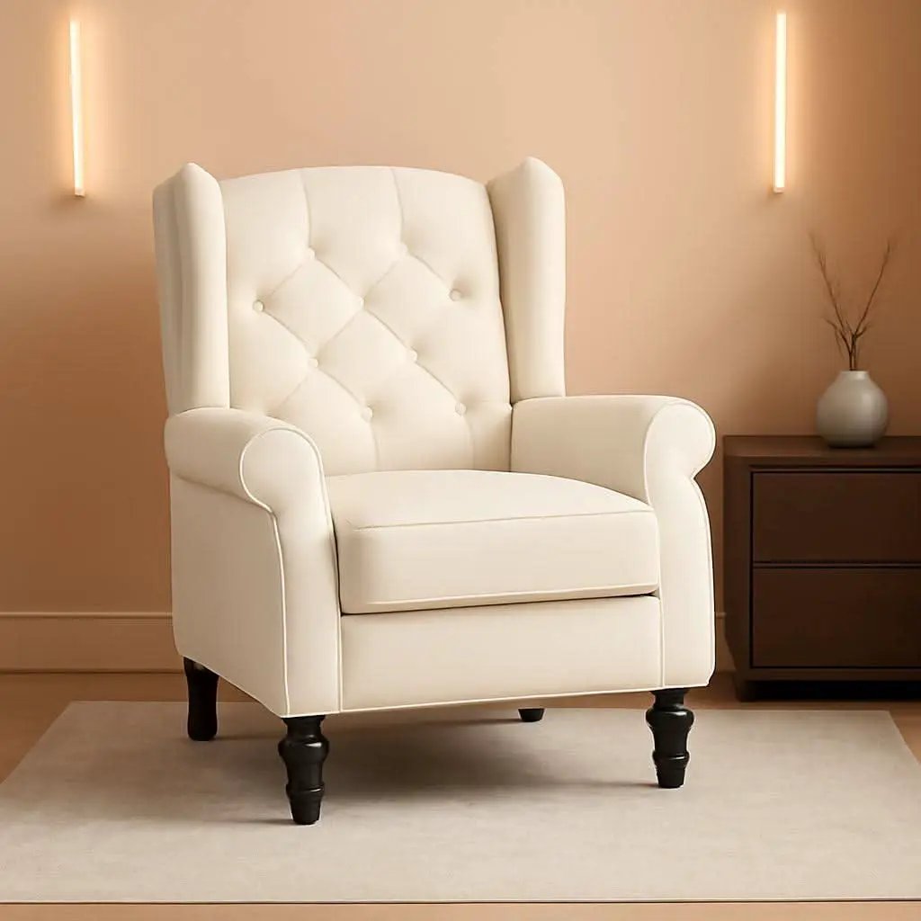 Beige Mid Century Wingback Recliner Chair With Upholstered Fabric from PriceLows™