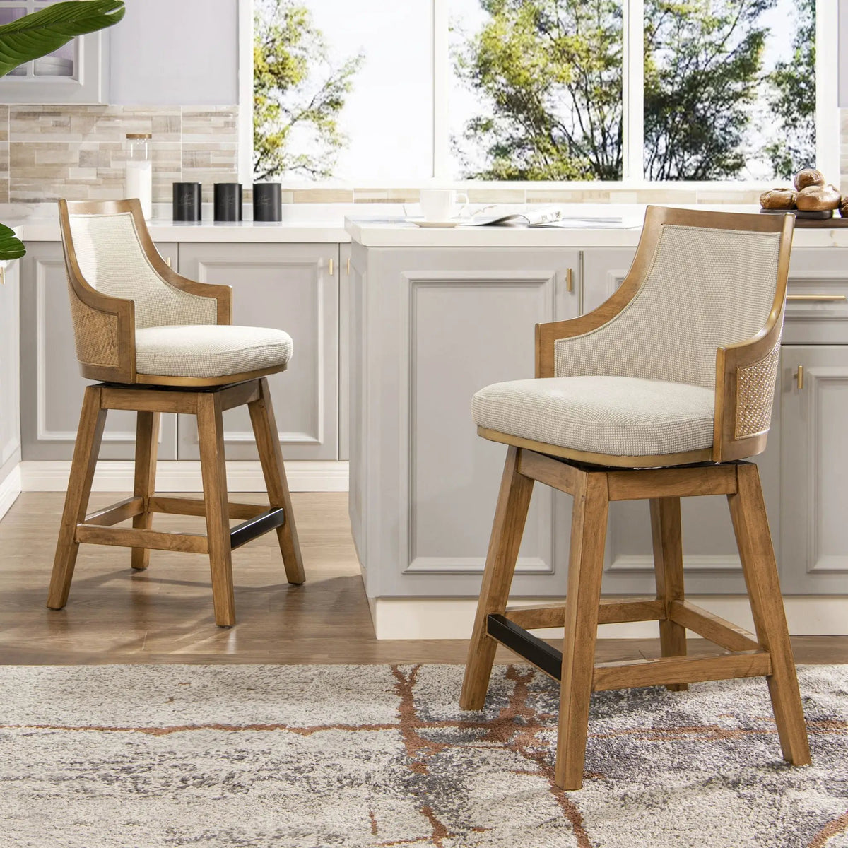 Bahama Swivel Counter Stool | Taupe Beige | Cane High Back | Recessed Arms