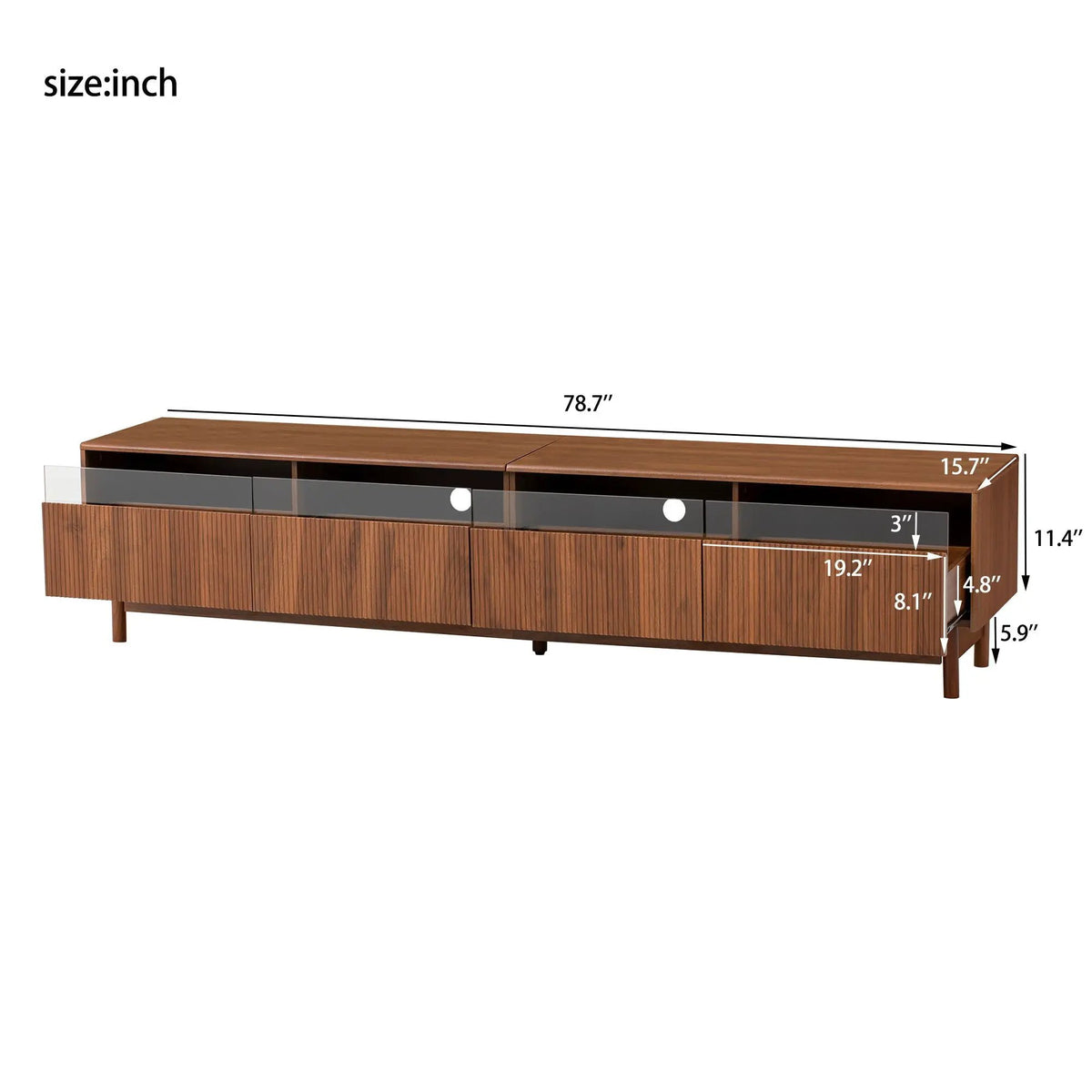 Walnut TV Stand | Fluted Glass Drawers | Entertainment Center | Family-Safe Rounded Corners