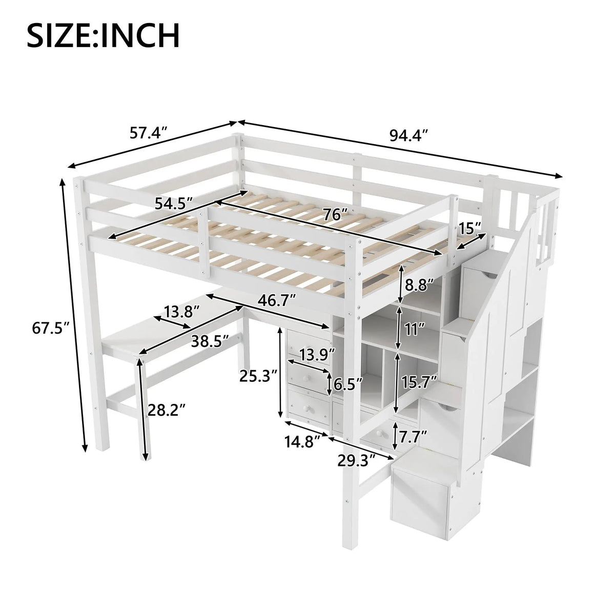 Loft Bed With L-Shaped Desk | Three Drawers | Cabinet | Storage Staircase