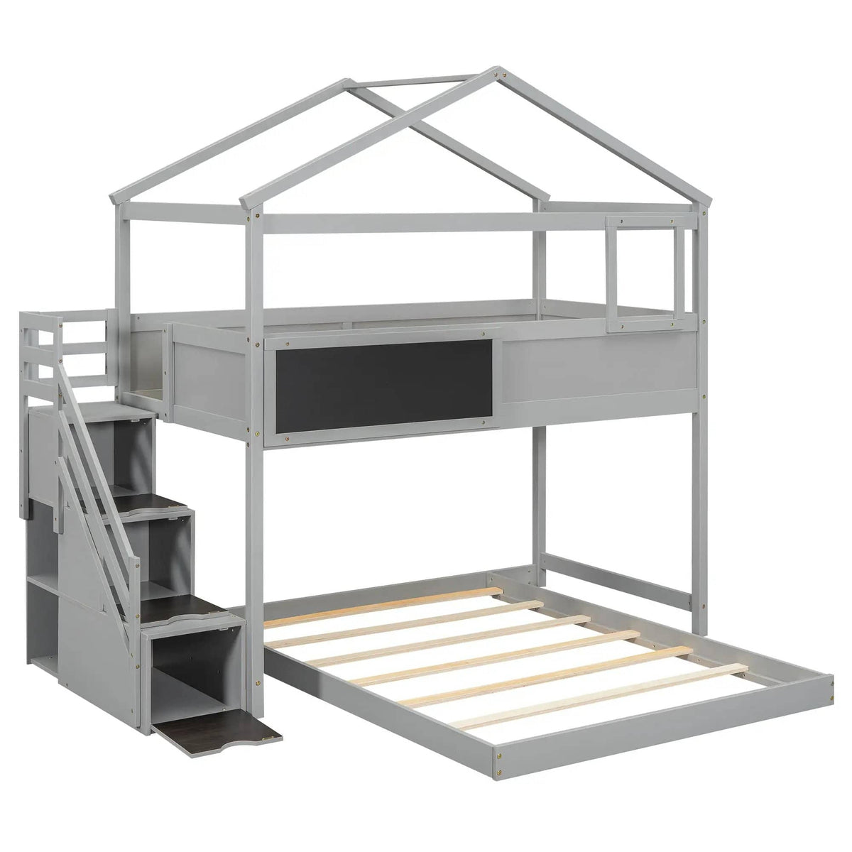 House Style Bunk Bed With Storage Staircase And board | 2 Pieces | Pine Wood | Bedroom