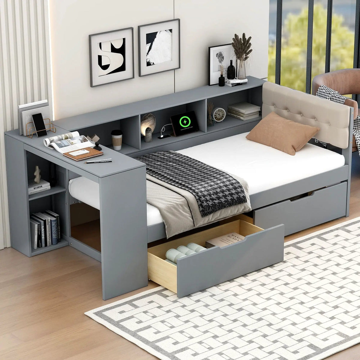 Upholstered Headboard Platform Bed | Storage Shelves | Two Drawers | Charging Station