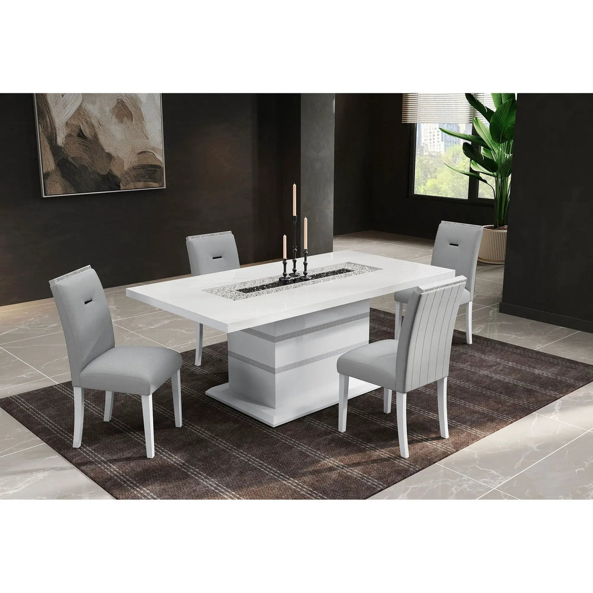 Ariya Dining Table | 79 Inch Width | High Gloss Finish | Glitter Detailing
