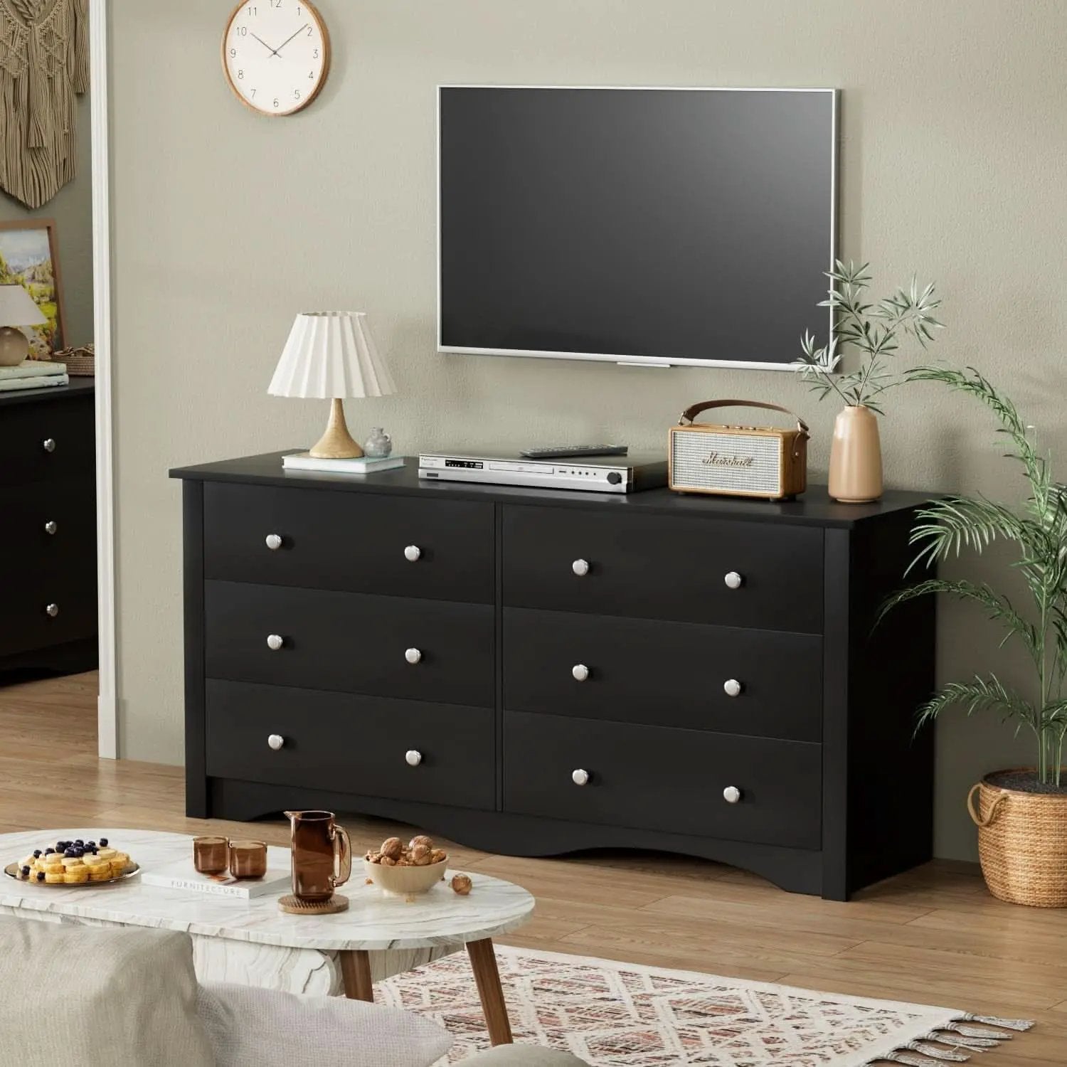 Black Dresser With 6 Drawers And TV Stand Storage Chest from PriceLows™