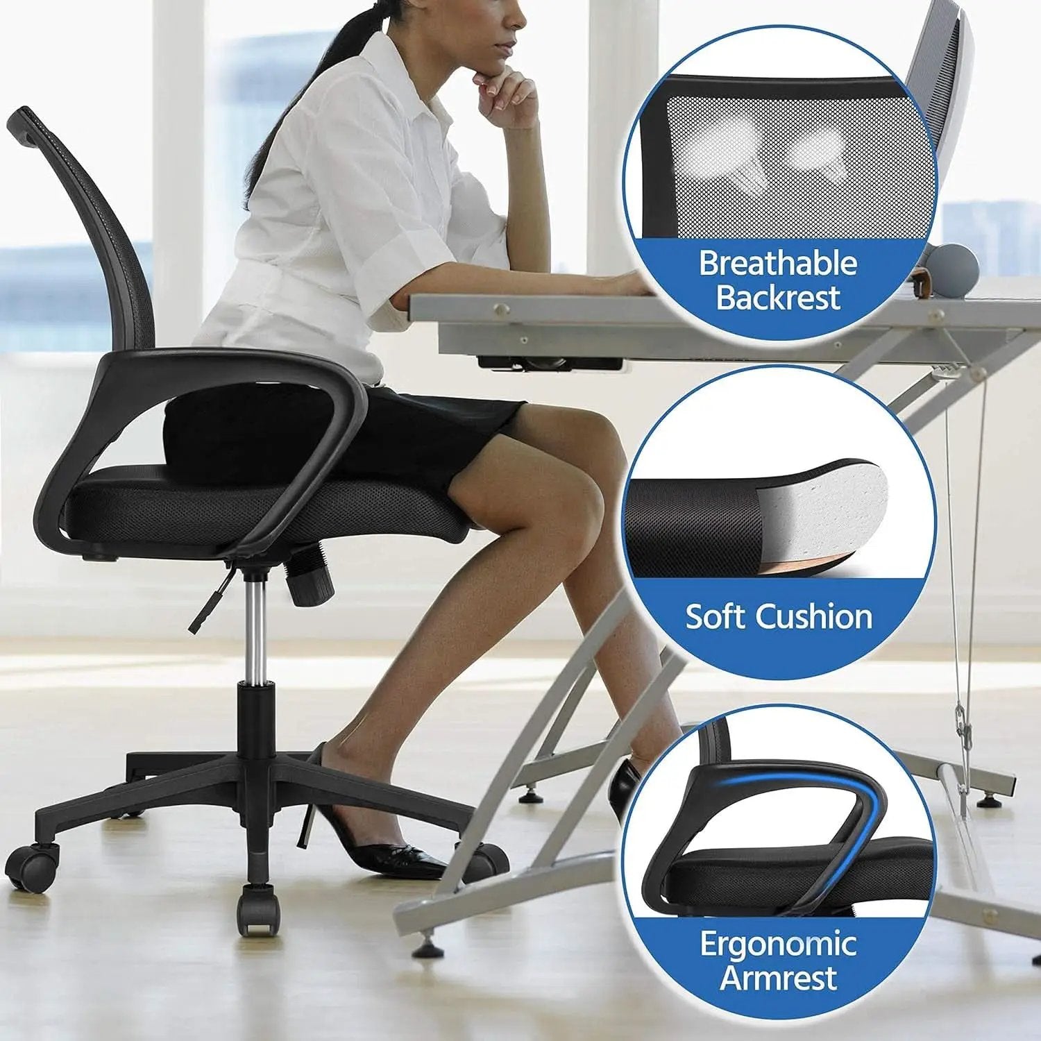 White 44 Inch Desk And Black Mesh Chair Set With Adjustable from PriceLows™