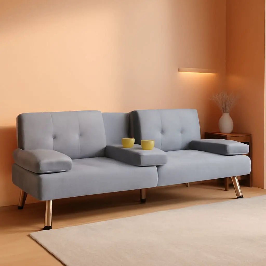 Futon Sofa Bed Light Grey Linen With Cup Holders Removable Armrests from PriceLows™