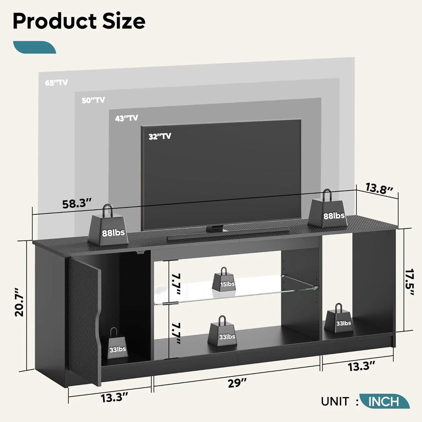LED TV Stand 55 60 65 Inch With Adjustable Glass Shelves from PriceLows™