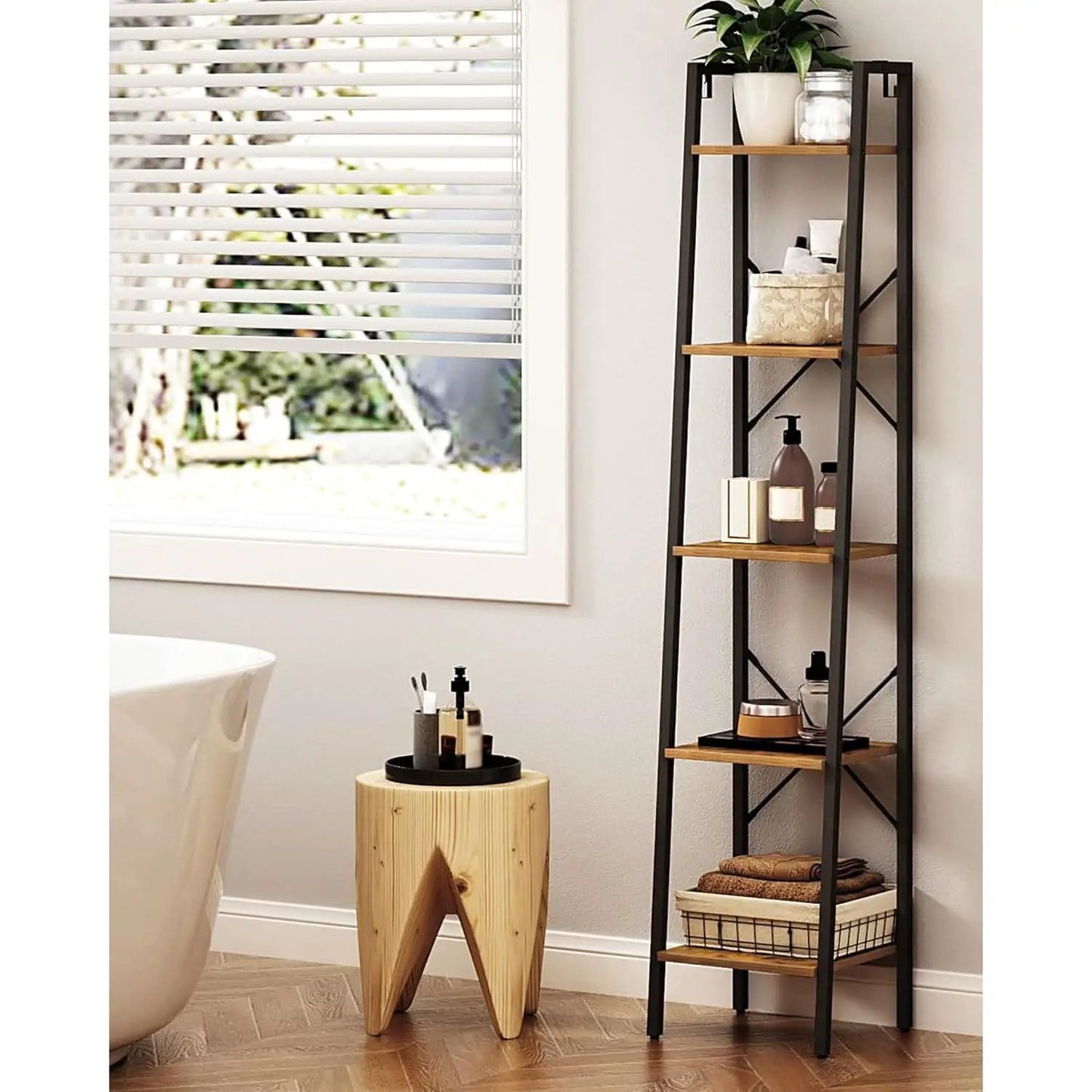 Ladder Shelf Bookcase 5 Tier Rustic Brown Freestanding from PriceLows™