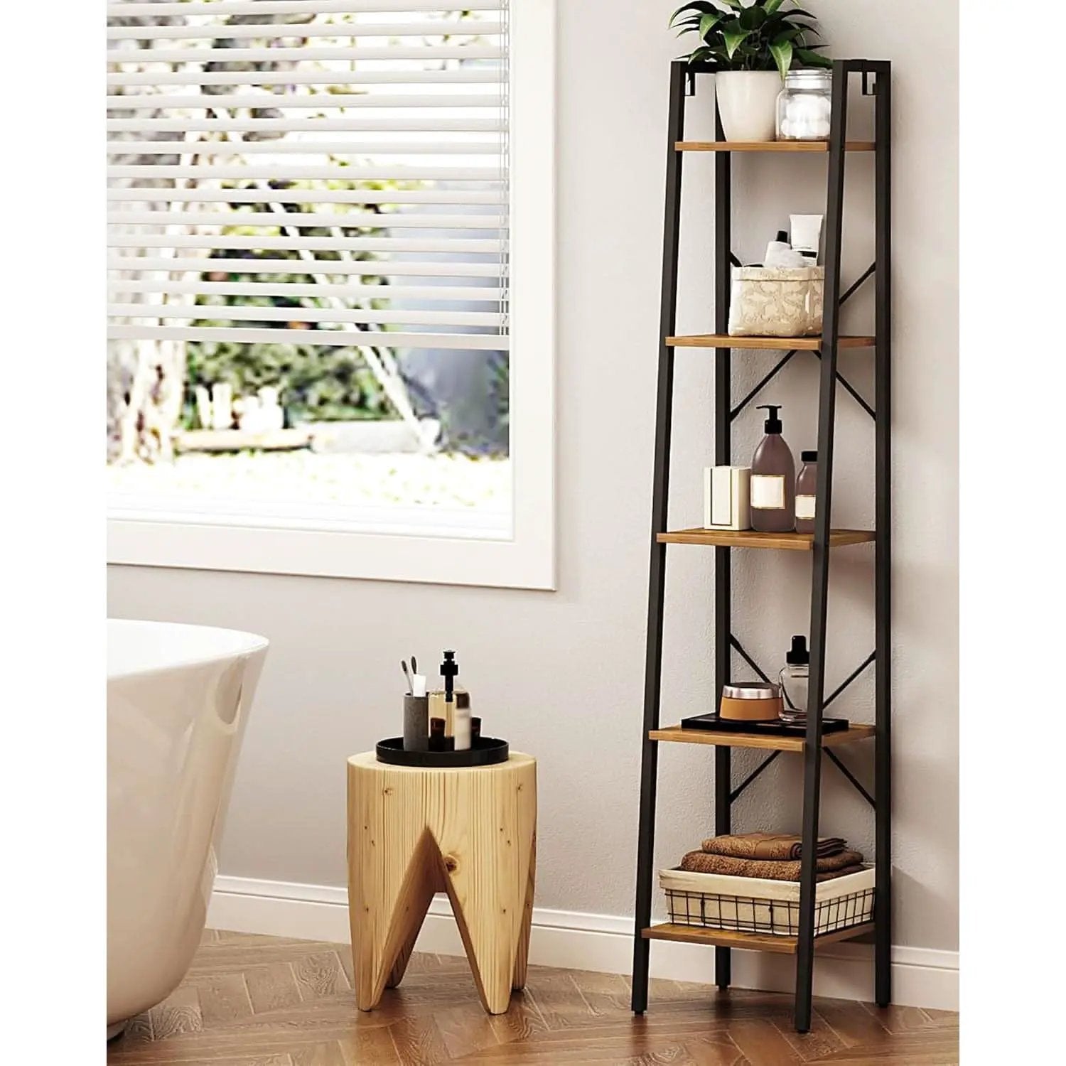 Ladder Shelf Bookcase 5 Tier Rustic Brown Freestanding from PriceLows™