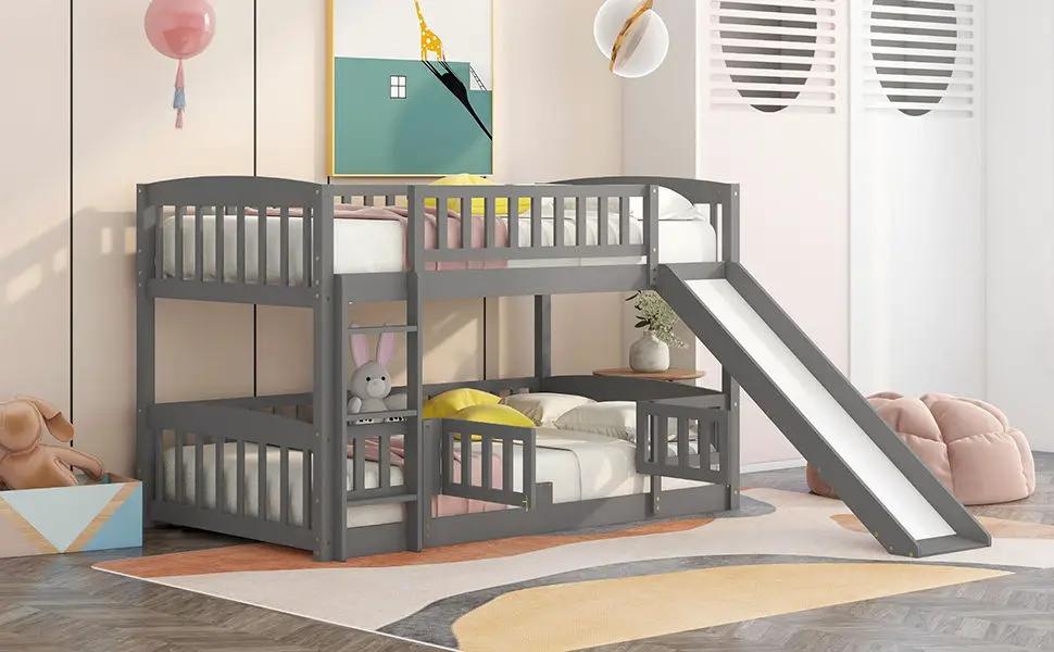 Low Bunk Bed With Slide | Fence And Ladder | Built-In Play Area | Kids Bedroom
