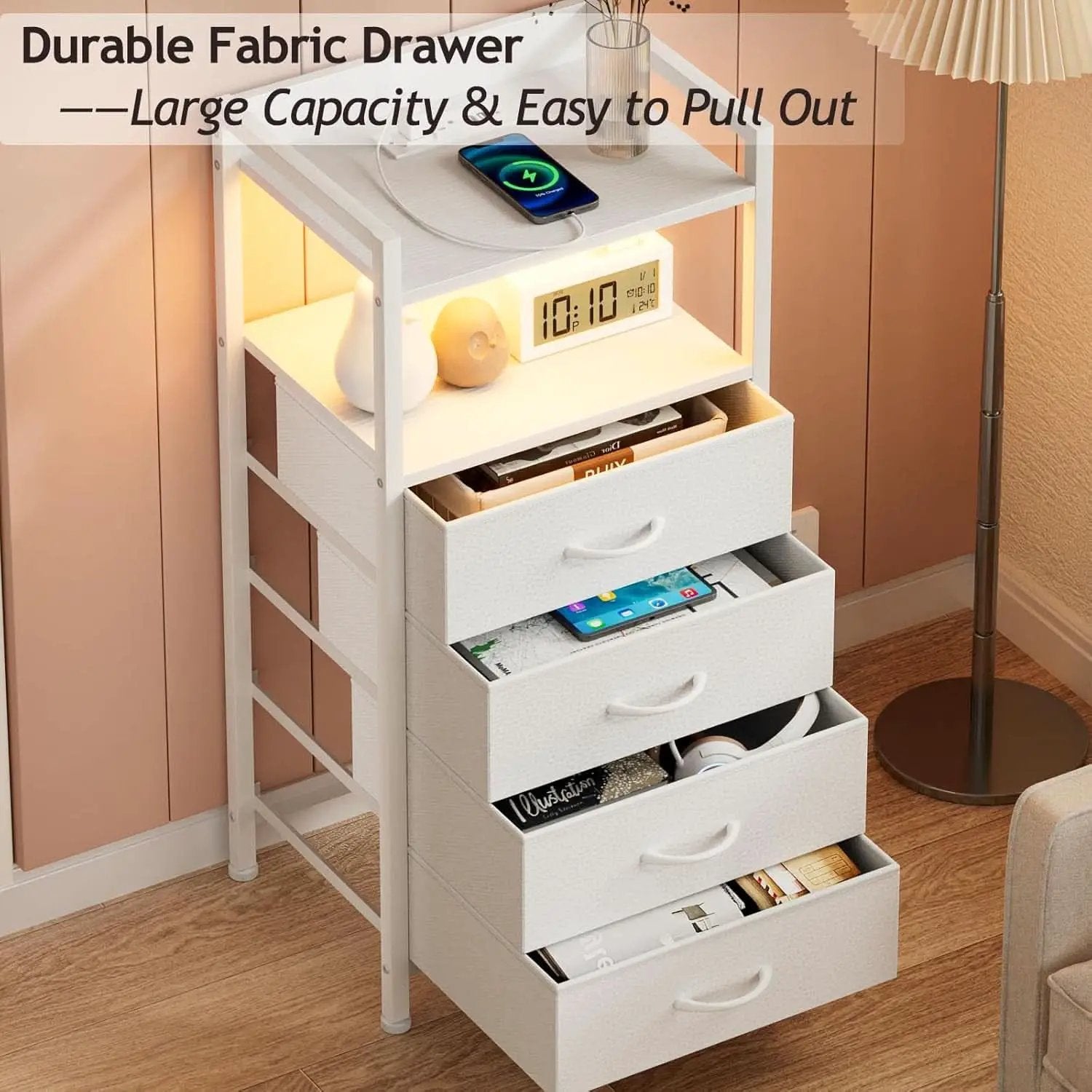 White Nightstand With Charging Station And RGB LED Lighting from PriceLows™