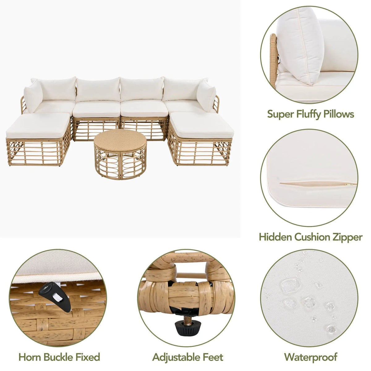 Outdoor Patio Furniture, All-Weather Rattan Sectional Sofa Set With Thick Cushions | 7 Piece Outdoor Set | Rattan | Living Room