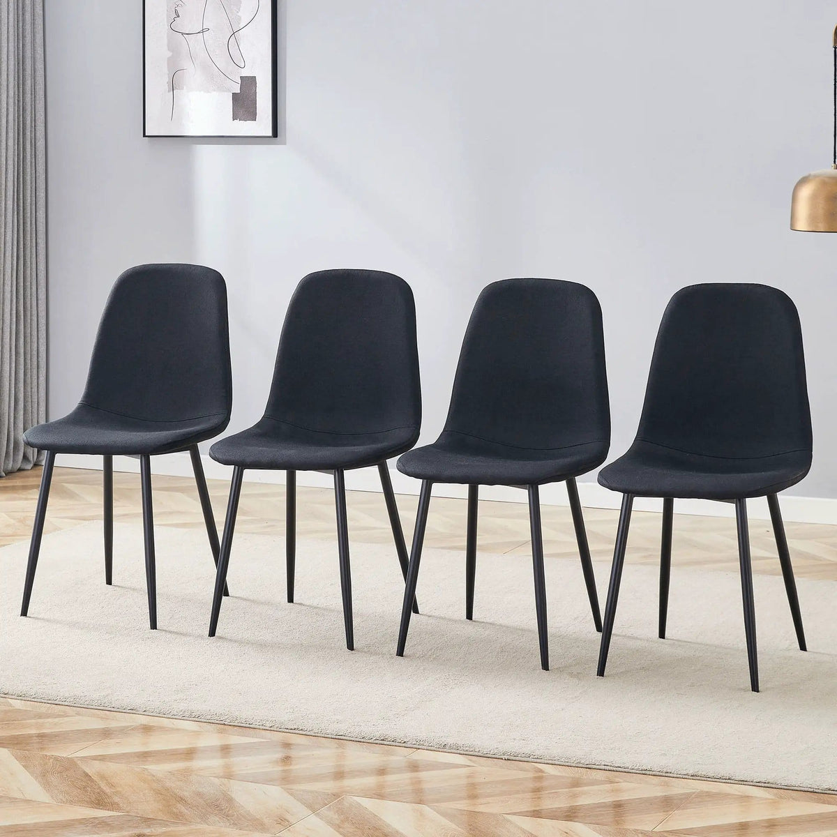 Modern Medieval Style Cushioned Side Chairs Set With Metal Legs For Kitchens | 2 Pieces | Fabric & Metal | Dining Room
