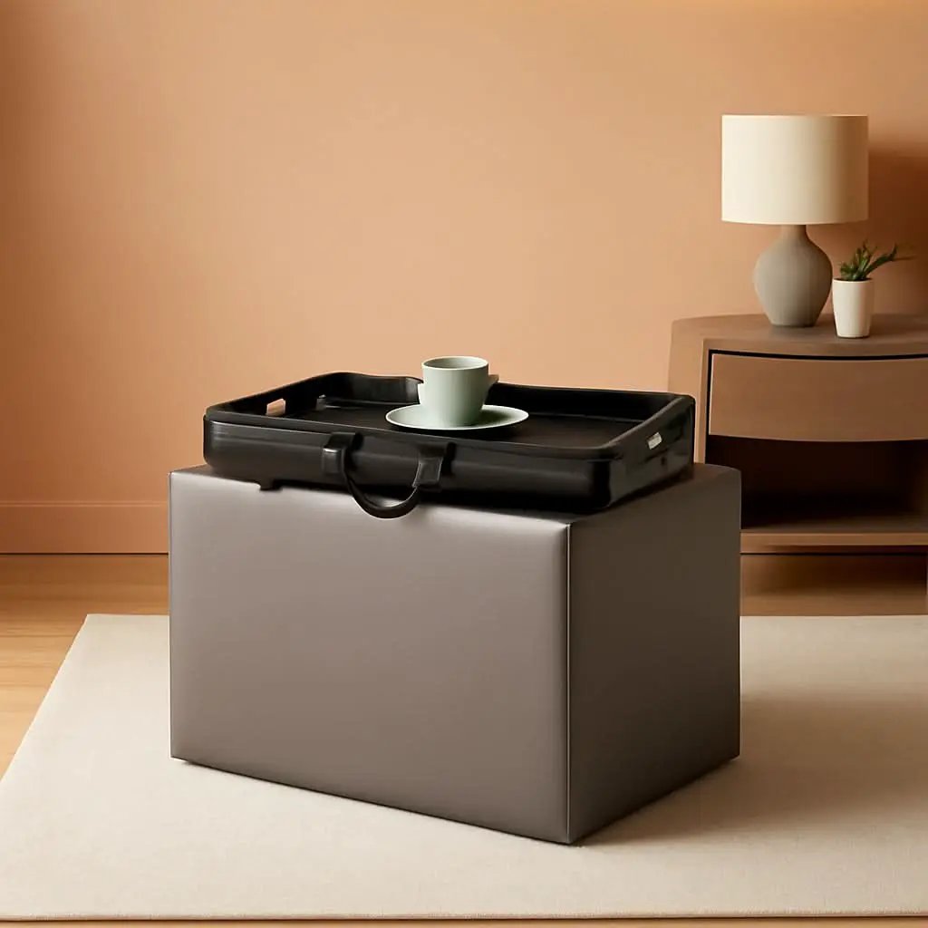 Gray Storage Ottoman With Reversible Tray Top Modern Design from PriceLows™
