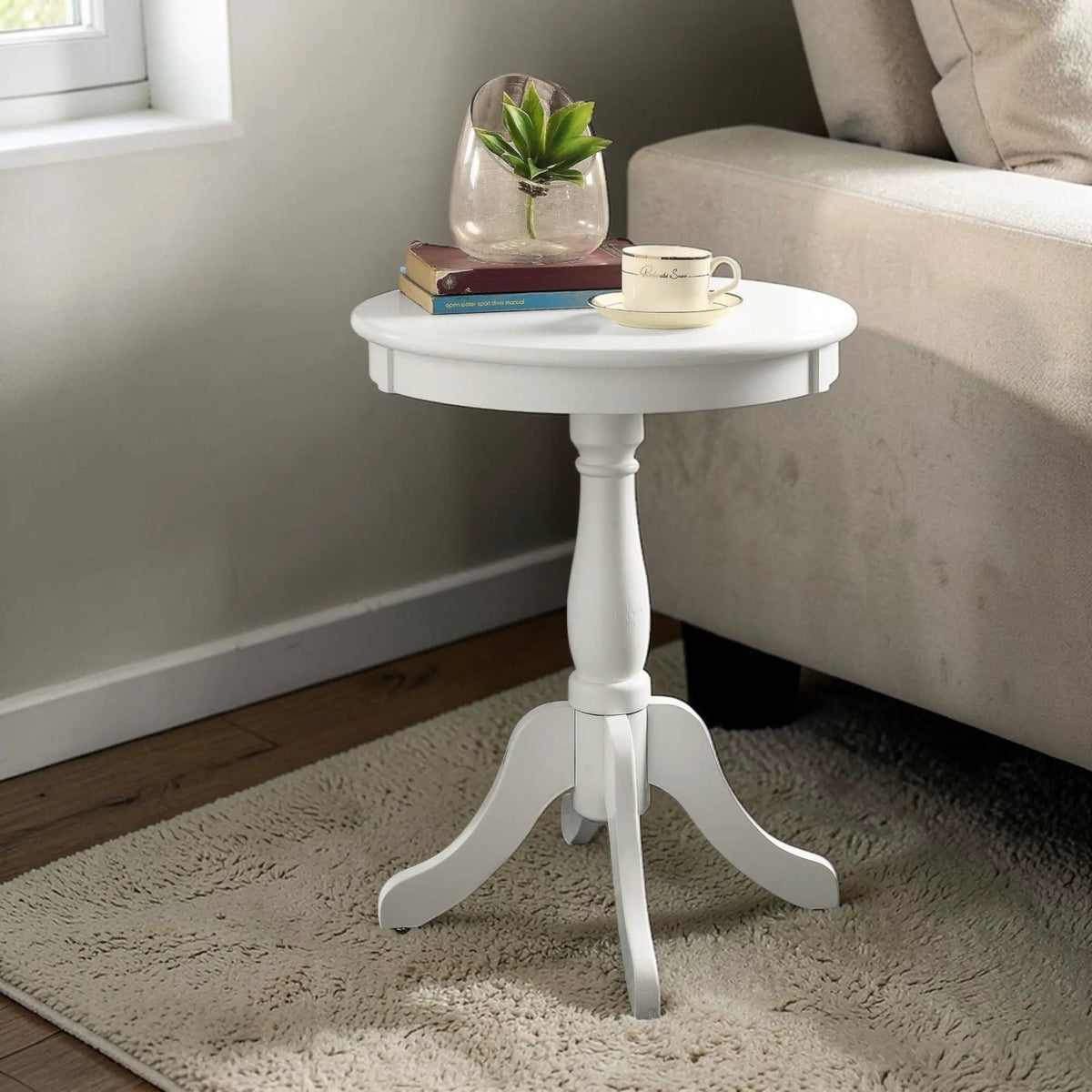Alger Accent Table | White Finish | Round Pedestal Base | Cottage Style