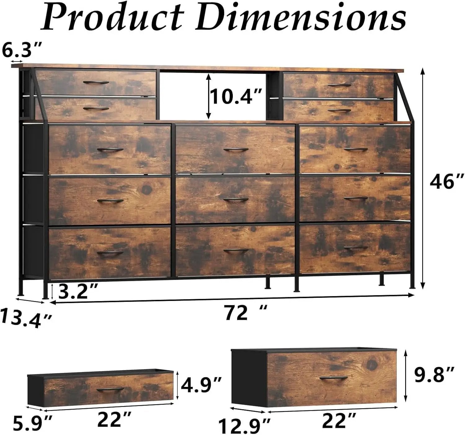 SeventyTwoInch Wide Dresser With Fabric Drawers RusticBrownWoodTop from PriceLows™