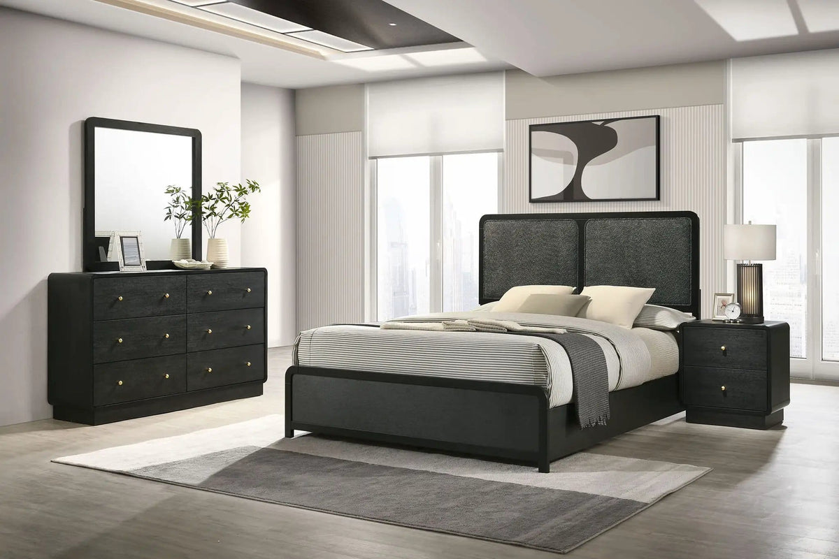 Cavelle 4-piece Eastern King Bedroom Set | 4-Piece Set | Engineered Wood & Chenille | Black
