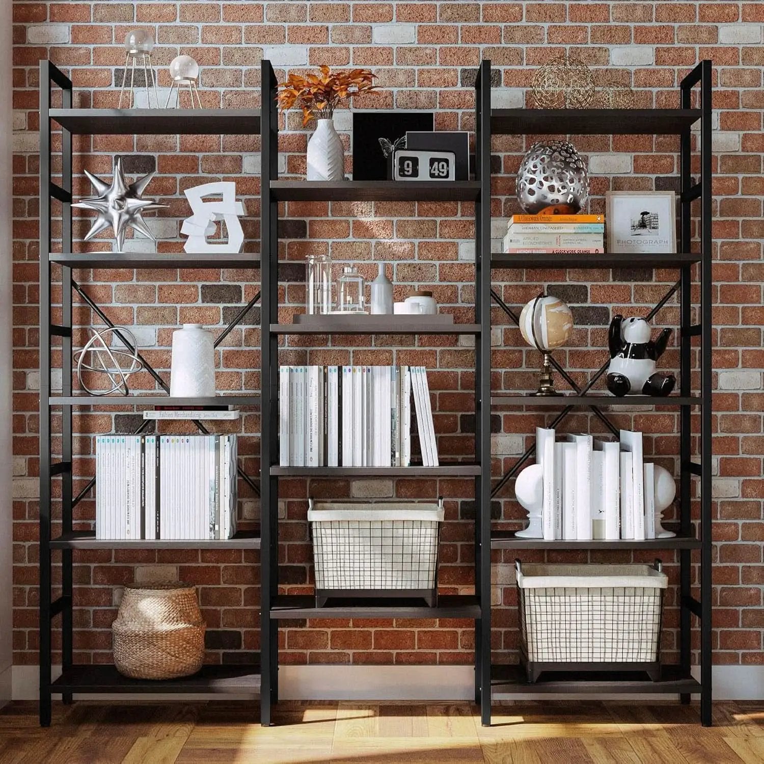 Triple Wide Industrial Bookshelf With Metal Frame 14 Open Shelves from PriceLows™