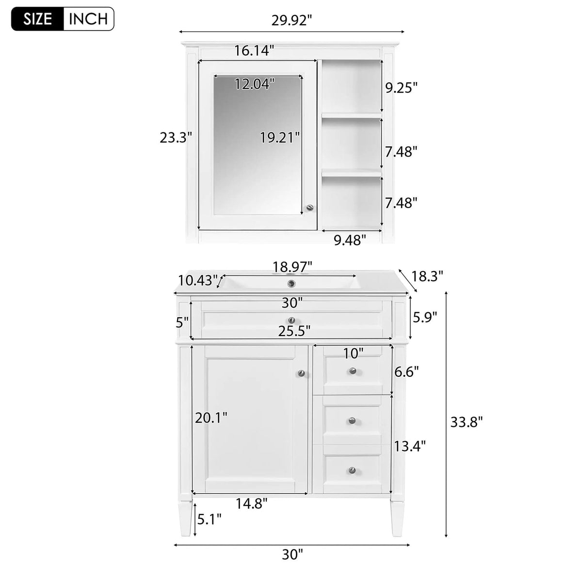 Bathroom Vanity With Top Sink, 2 Doors And 3 Drawers, Freestanding Set With Mirror | Vanity & Cabinet | Solid Wood & Ceramic | Bathroom