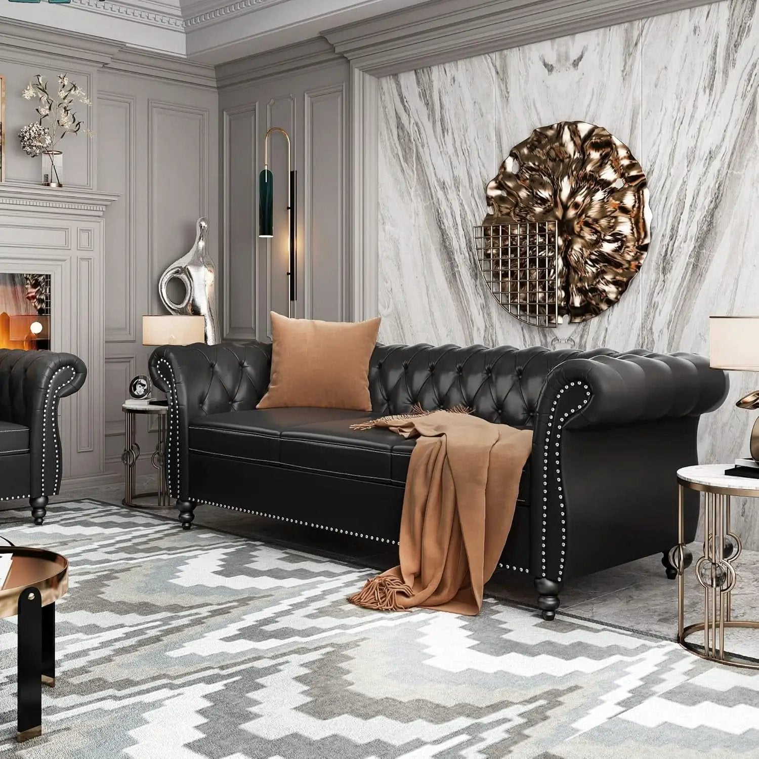 3 Seater PU Chesterfield Sofa Black Tufted Nailhead Trim from PriceLows™