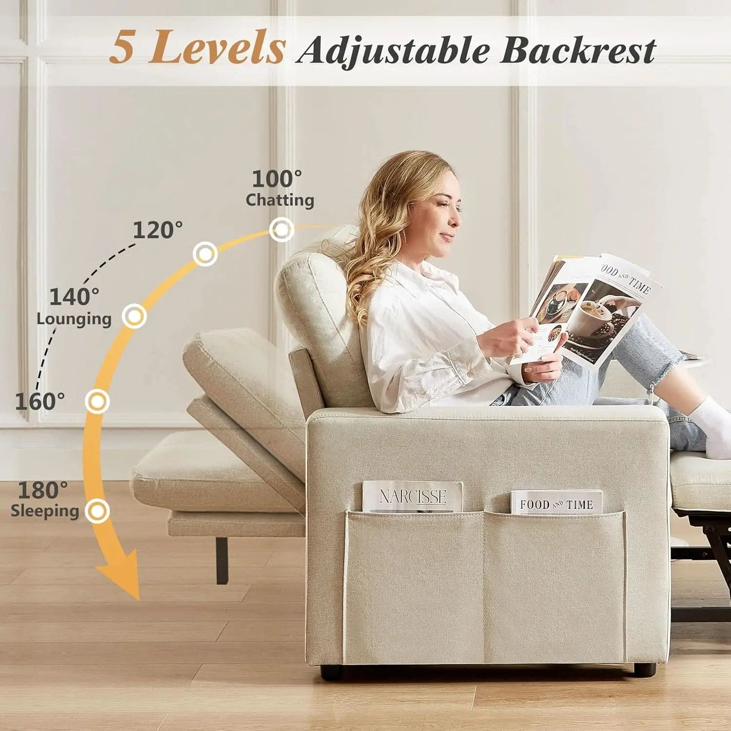 Forty Two Point Five Inch Sleeper Chair Bed Beige Convertible Sofa Bed from PriceLows™