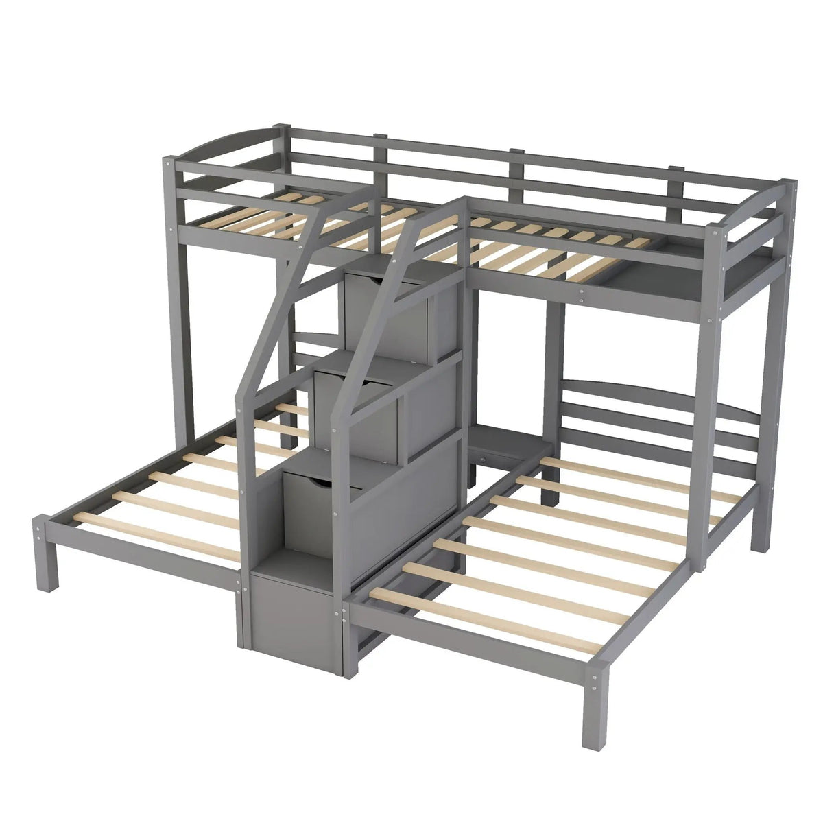Twin Over Twin Bunk Bed | Built-In Staircase With Drawers | Upper Storage Shelf | Gray