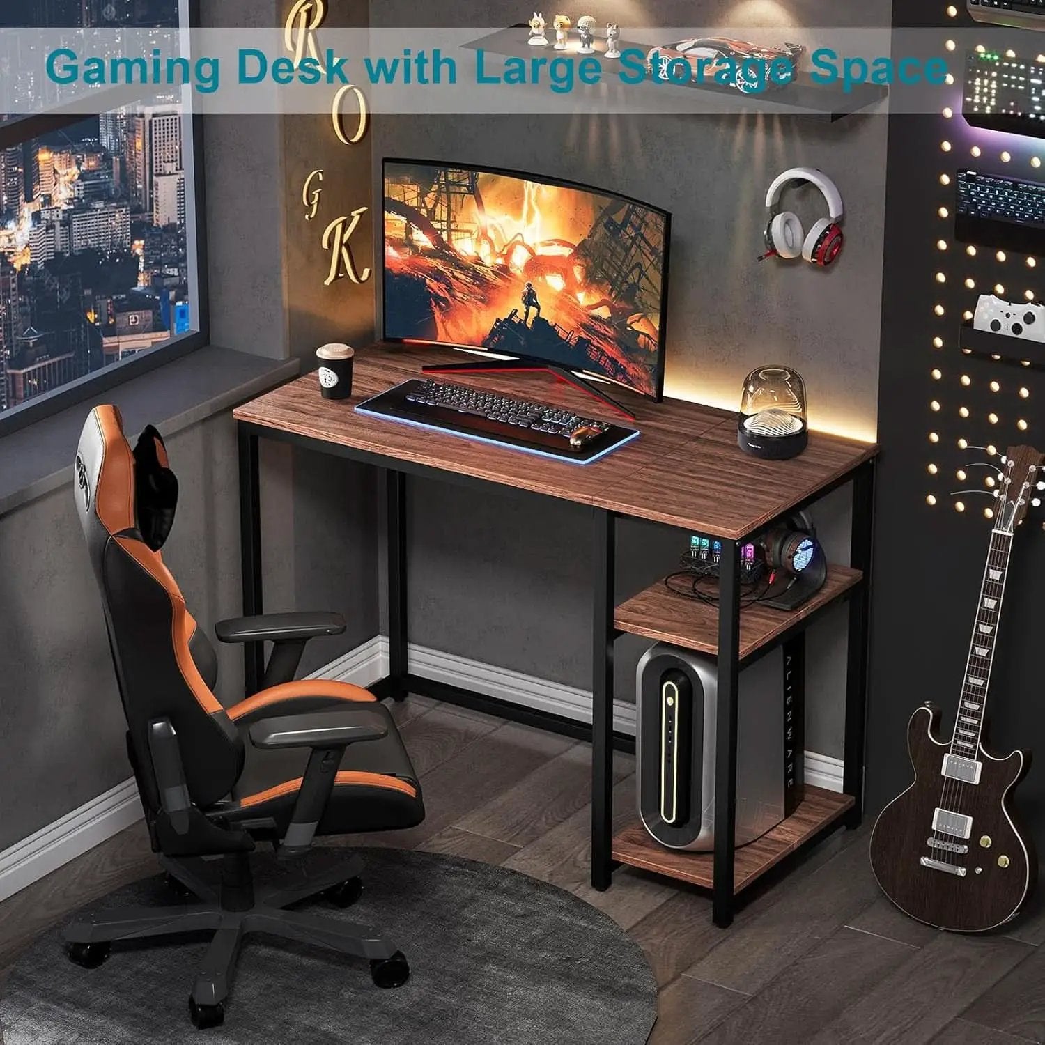 40 Inch Computer Desk With 2 Shelves Brown Sturdy Home Office Gaming Desk from PriceLows™