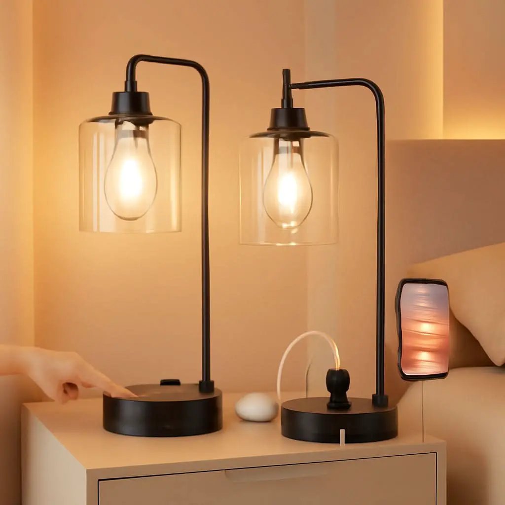 Industrial Touch Table Lamps Bundle Black 3 Way Dimmable USB from PriceLows™