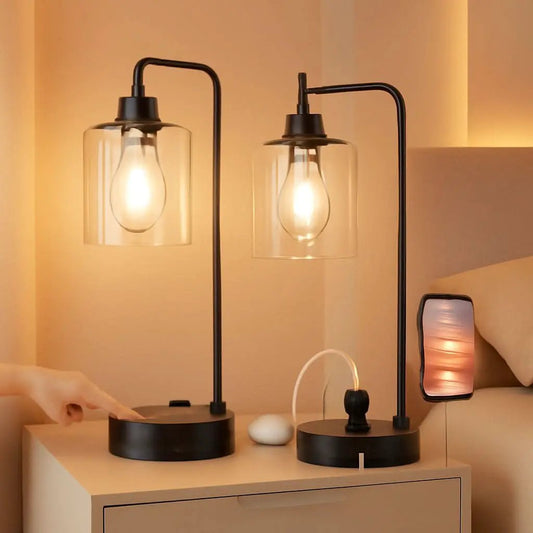 Industrial Touch Table Lamps Bundle Black 3 Way Dimmable USB from PriceLows™