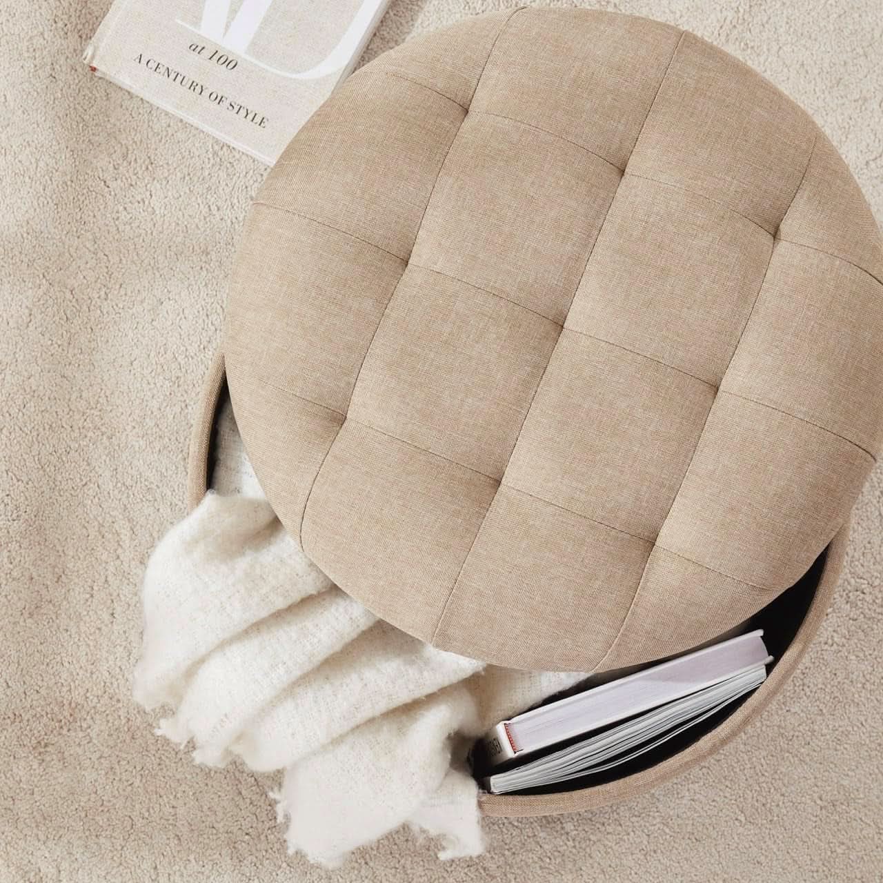 Linen Beige Round Storage Ottoman Living Space Bundle from PriceLows™