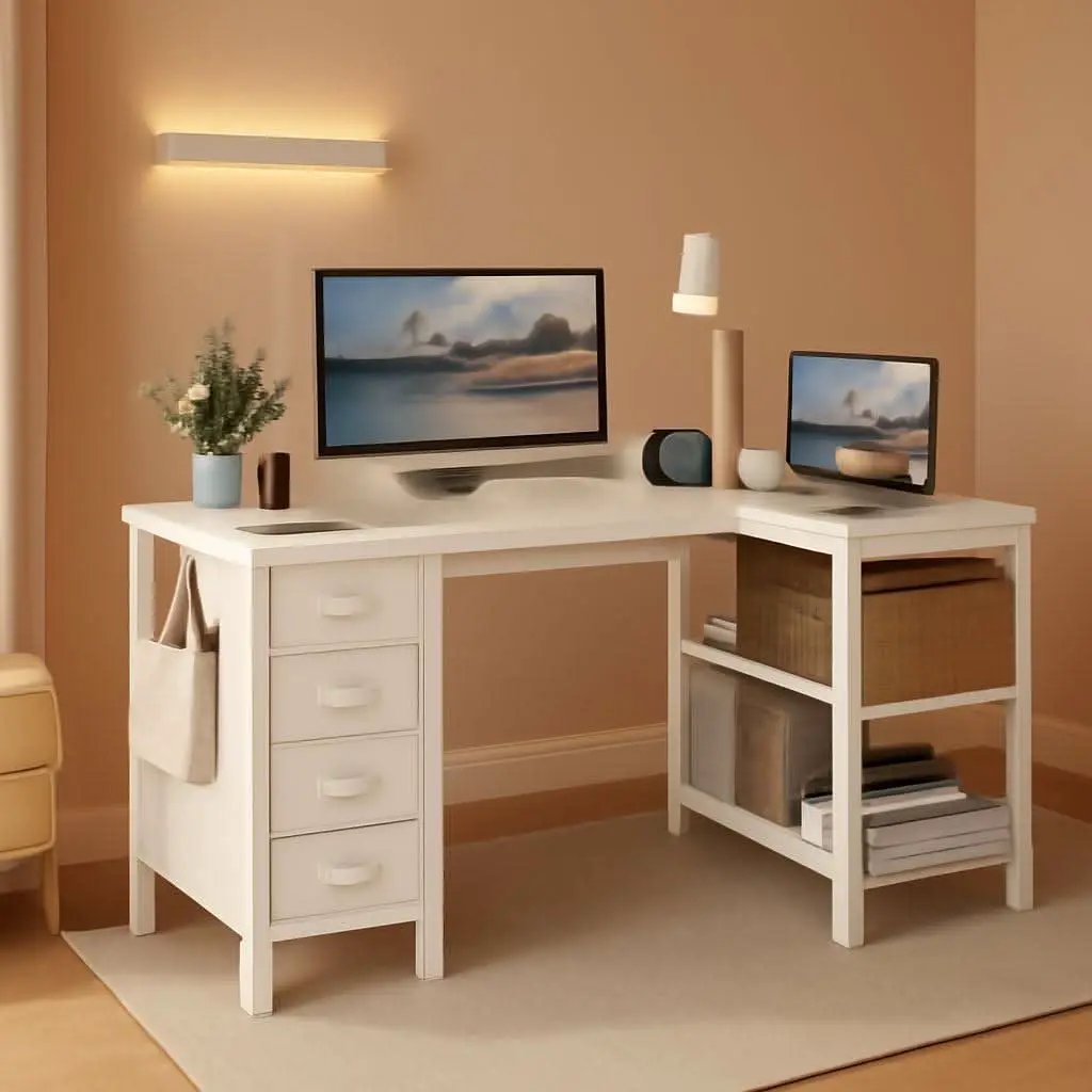 White 47 Inch L Shaped Corner Desk With Reversible Storage from PriceLows™