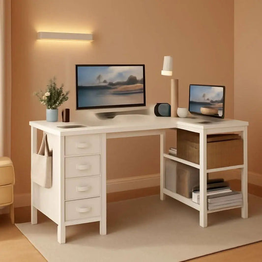 White 47 Inch L Shaped Corner Desk With Reversible Storage from PriceLows™