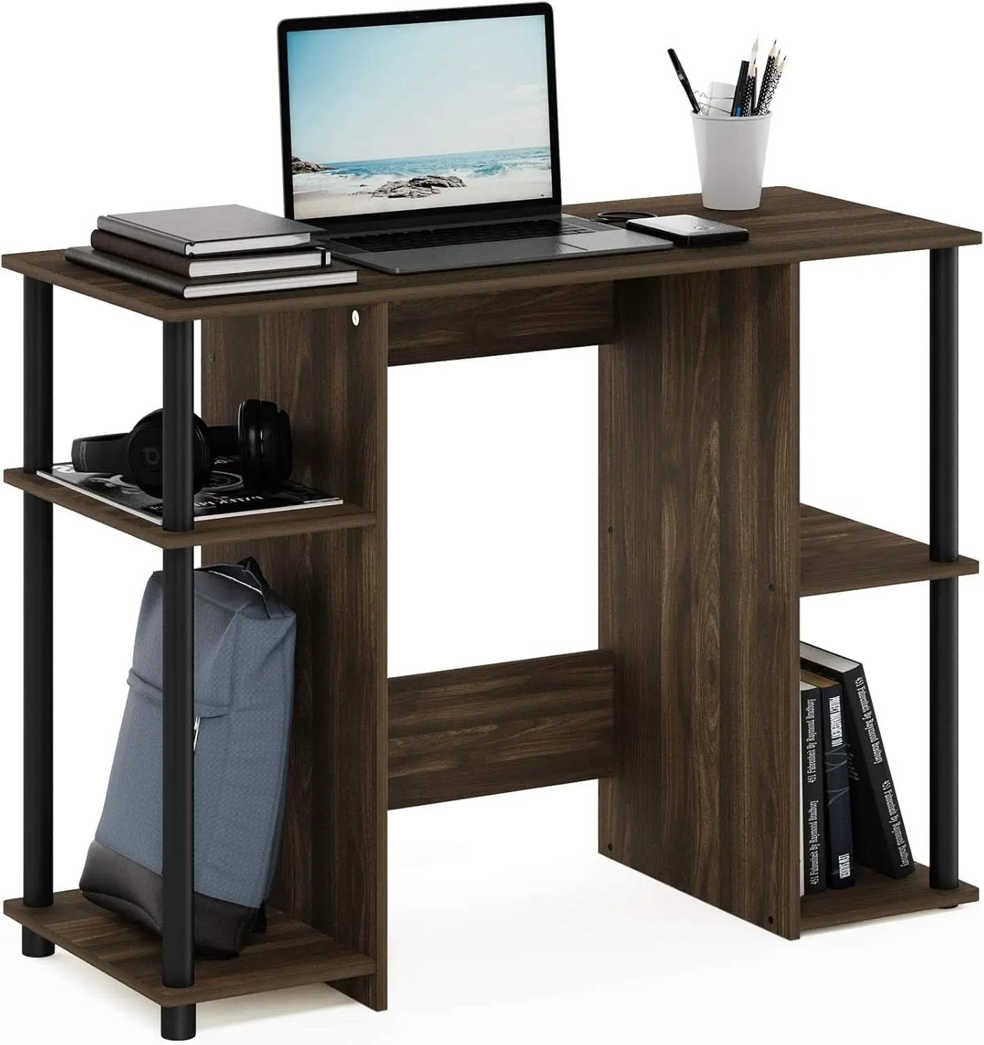 Walnut Computer Desk With Storage Shelves For Small Spaces from PriceLows™