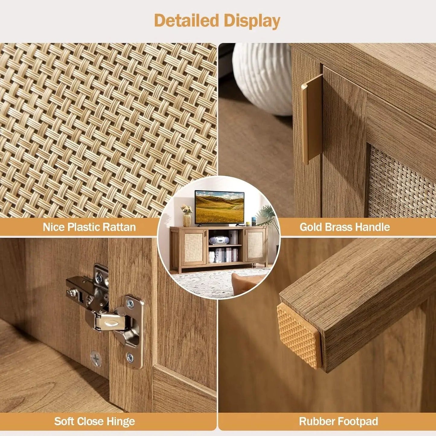 Boho Rattan TV Stand With Adjustable Shelves 59 Inch Oak from PriceLows™