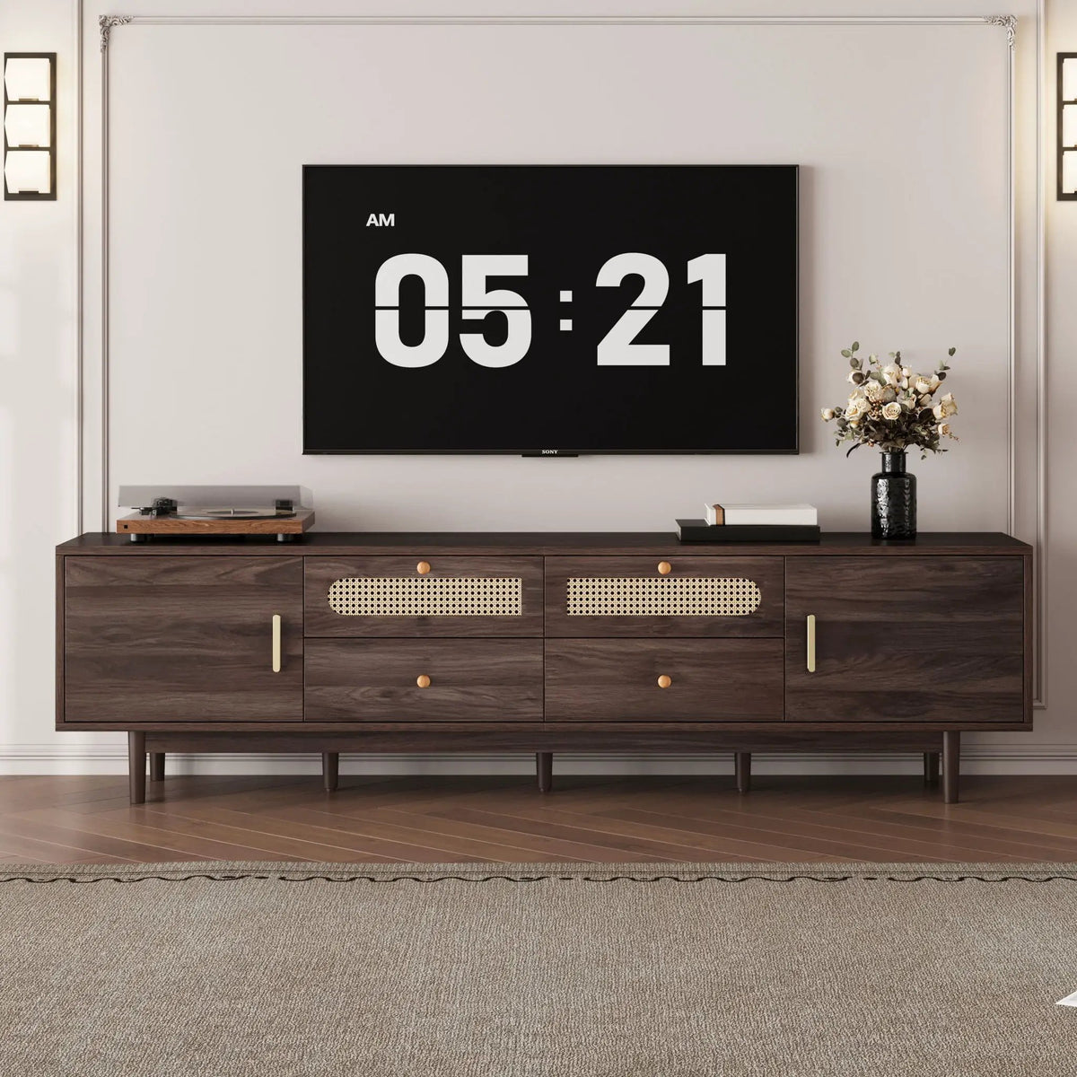 TV Stand With Drawers | Rattan Accents | Two Drop-Down Doors | Dark Brown Entertainment Center