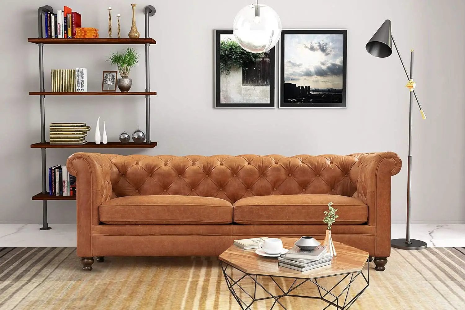 Lyon 87.4 Inch Cognac Tan Sofa Full Grain Leather Finish from PriceLows™