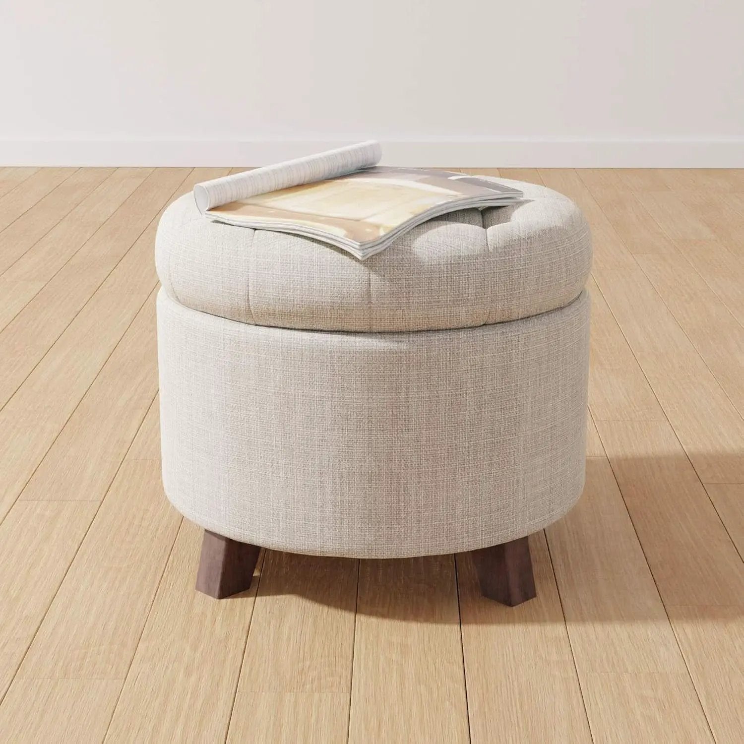 Beige Linen Round Storage Ottoman Featuring Tufting from PriceLows™