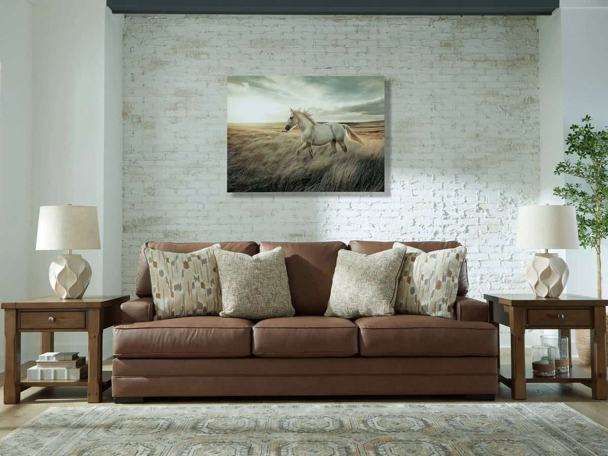 VillaCourt Sofa | 93 x 40 x 38 in | Faux Leather & Wood | Caramel