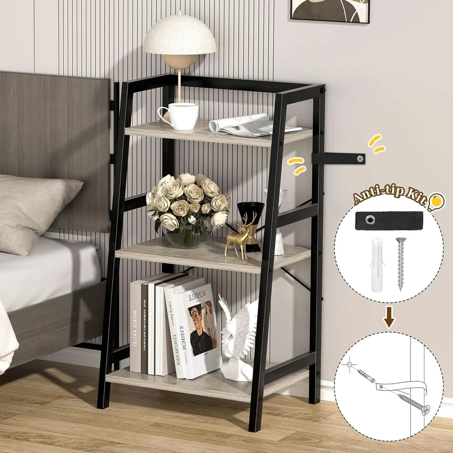 3-Tier Ladder Bookshelf With Steel Frame Greige Black from PriceLows™
