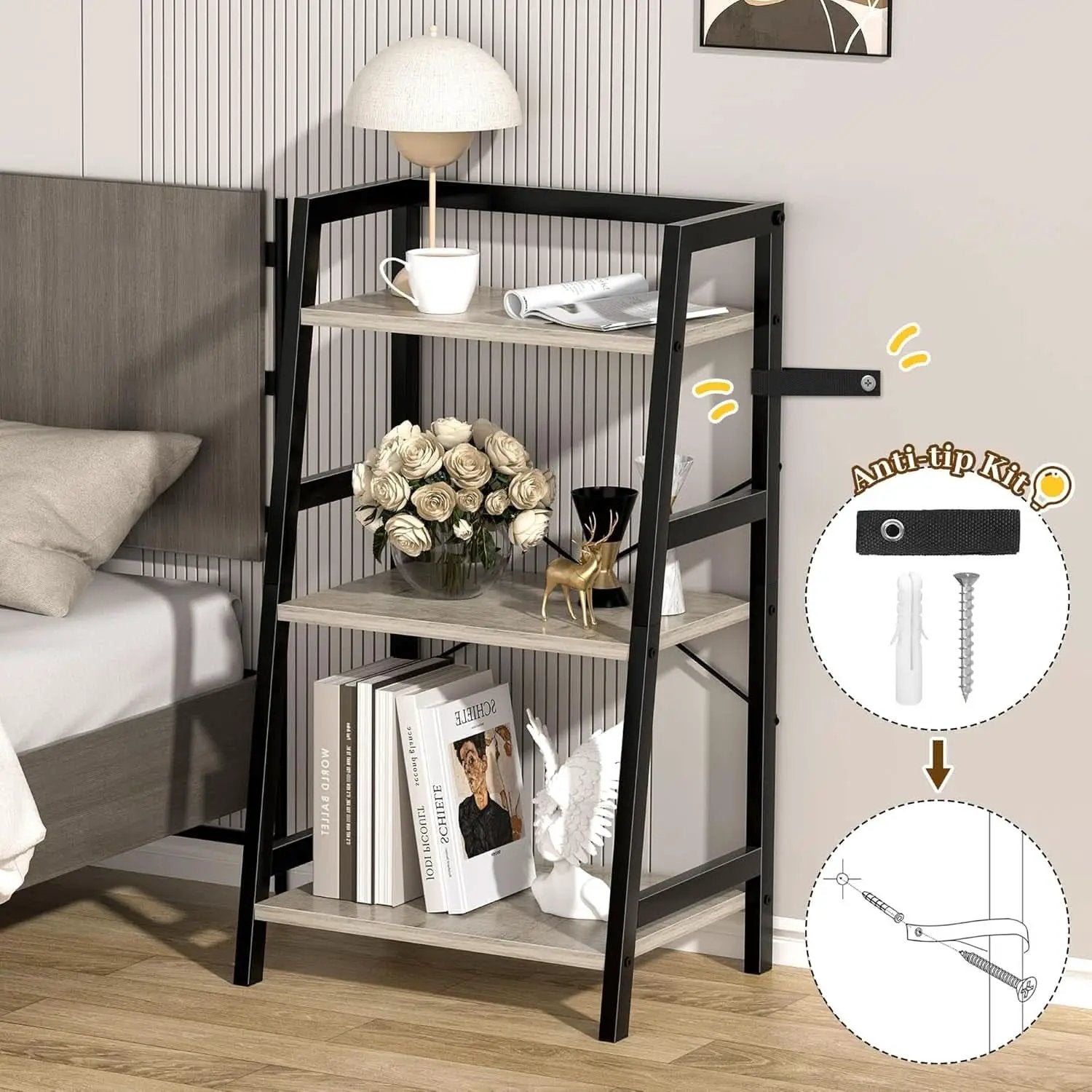3-Tier Ladder Bookshelf With Steel Frame Greige Black from PriceLows™