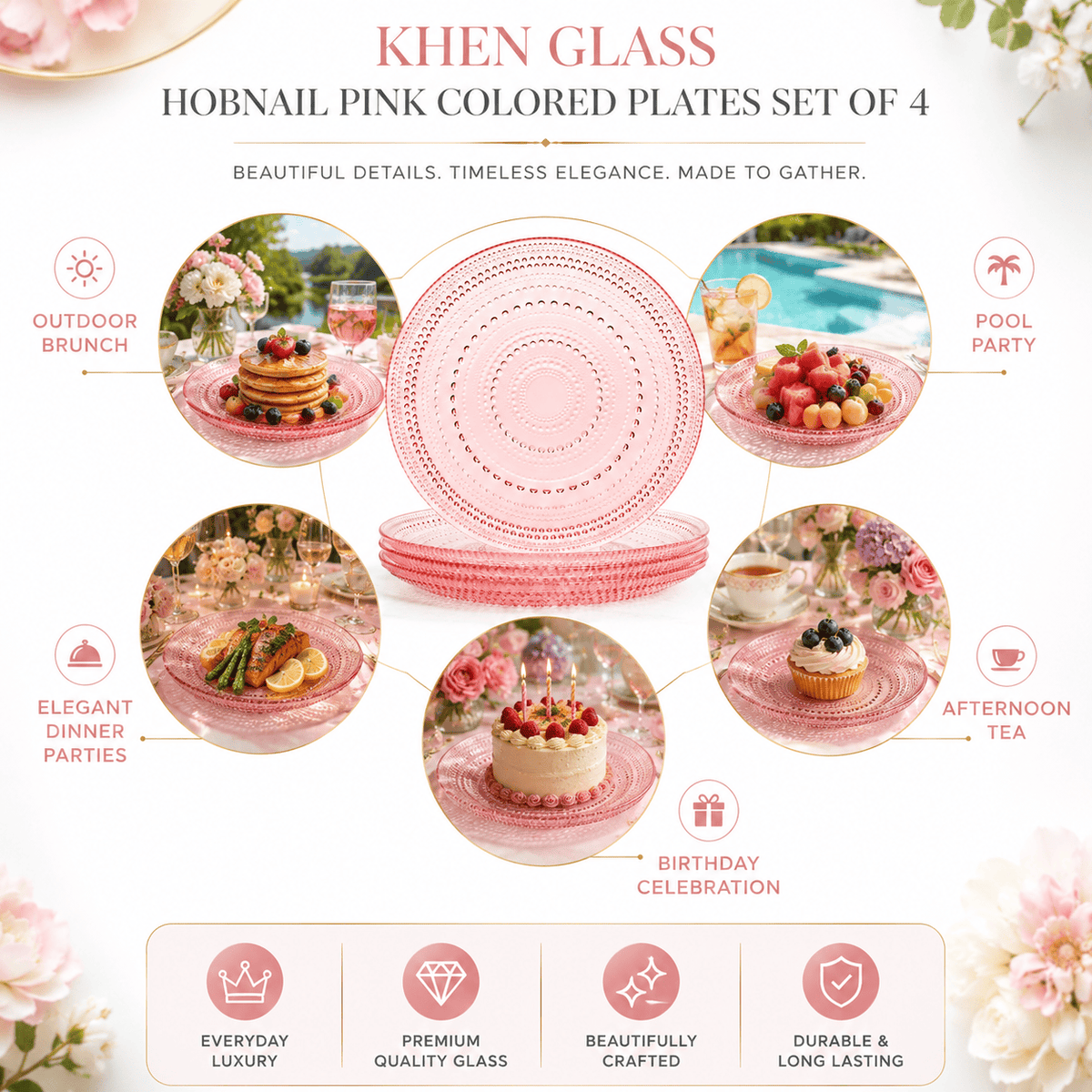 Blush Pink Hobnail Glass Dinner Plates, 10.6-Inch | Set of 4 | Glass | Entertaining