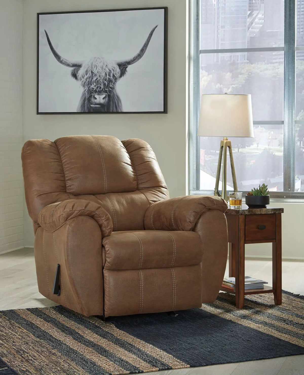 McGann Rocker Recliner | Leather Look Fabric Feel | Jumbo Stitching | Thick Cushioning