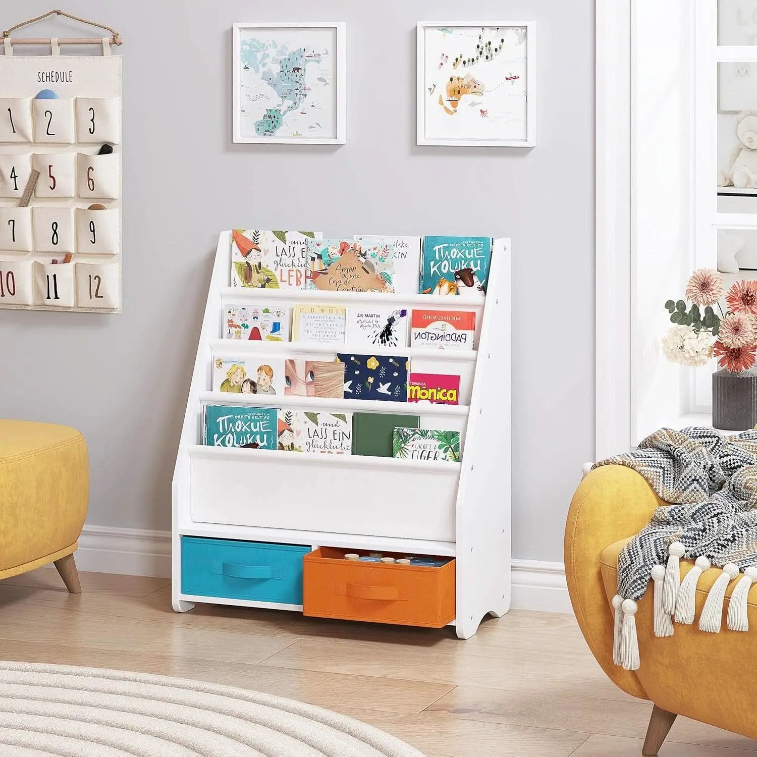 Kids Bookshelf With Storage Bins White Nursery Toddler from PriceLows™