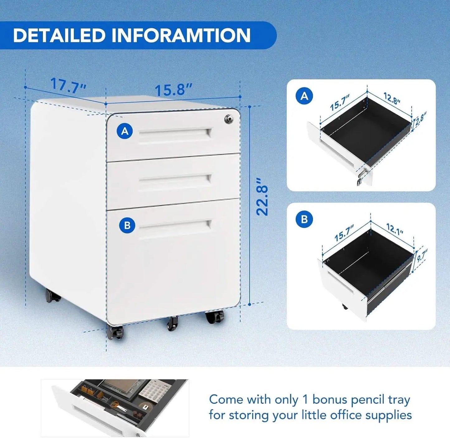 Mobile File Cabinet Home Office 3 Drawer White Under Desk from PriceLows™