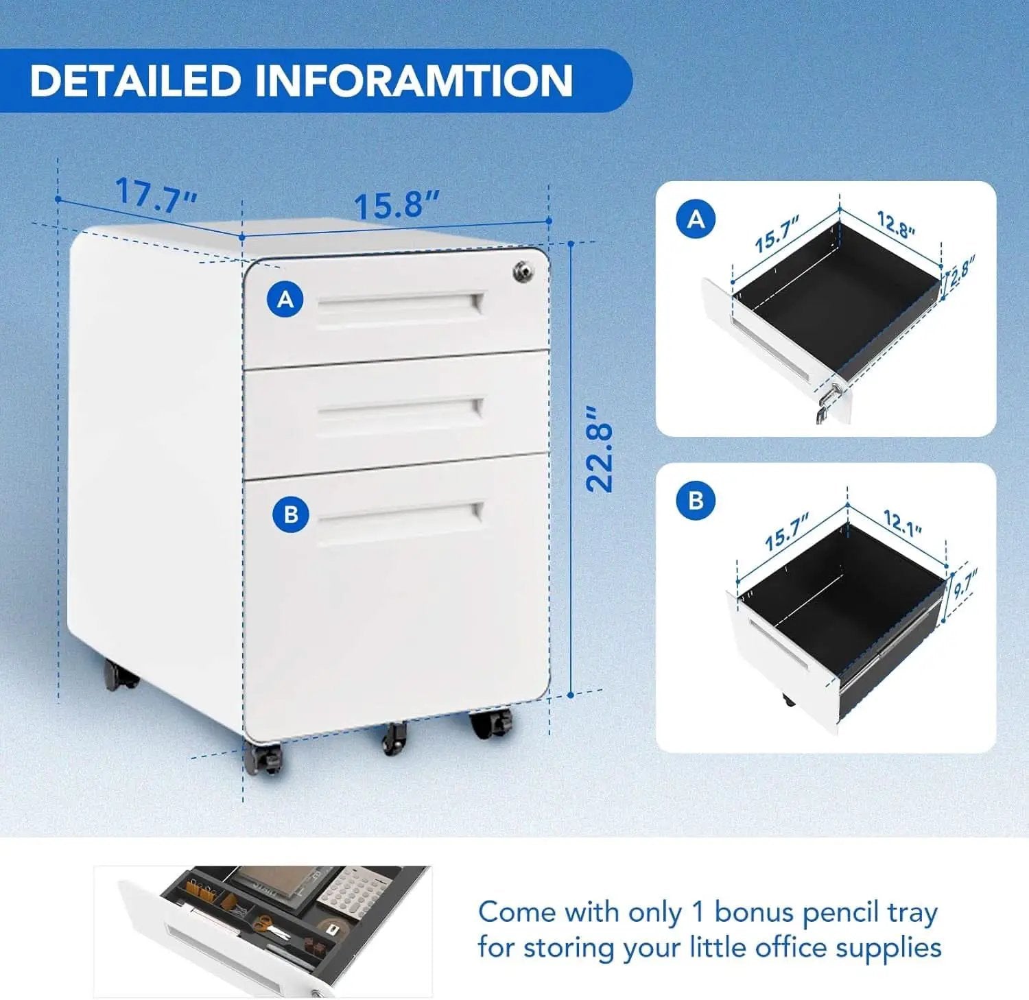 Mobile File Cabinet Home Office 3 Drawer White Under Desk from PriceLows™