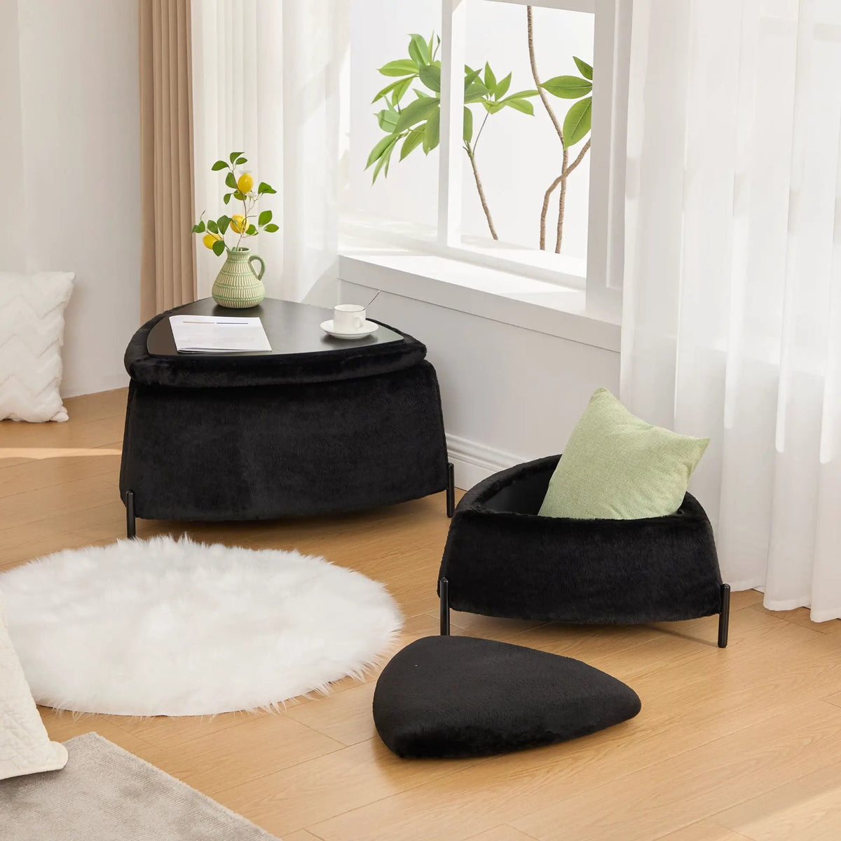 Storage Ottoman Set | Upholstered Faux Fur | Reversible Lid | Solid Wood Frame