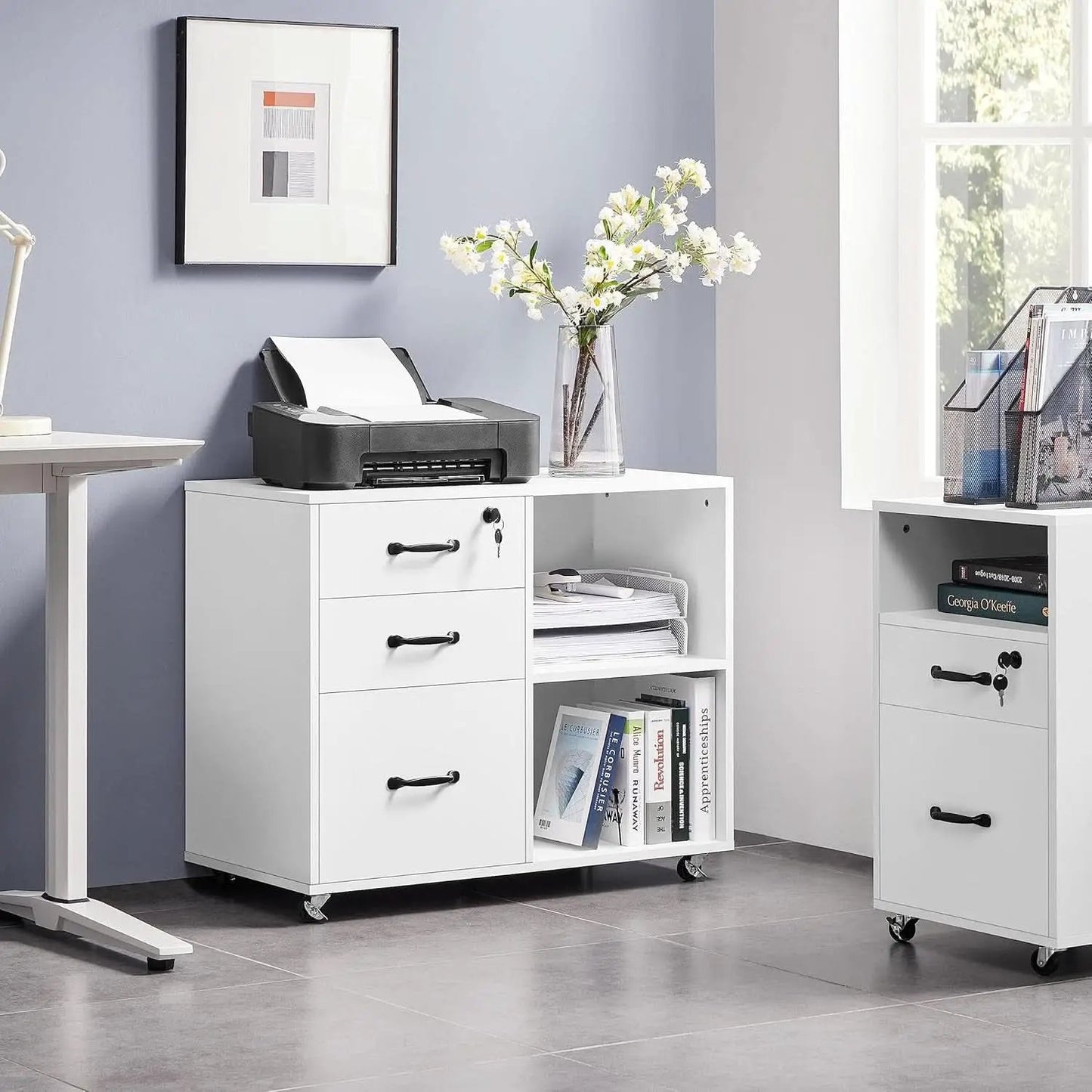 3 Drawer File Cabinet White Mobile Lateral Filing Cabinet With Lockable Top Drawer And Open Shelves For Home Office from PriceLows™