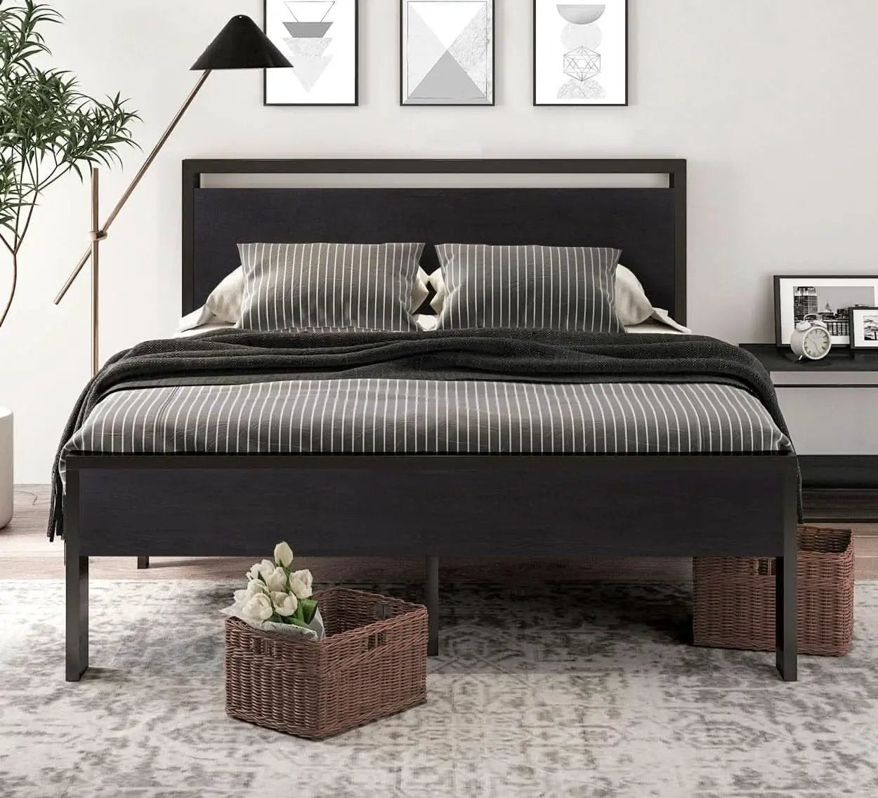 Sturdy Metal Platform Bed Frame With Wooden Headboard 800Lb from PriceLows™