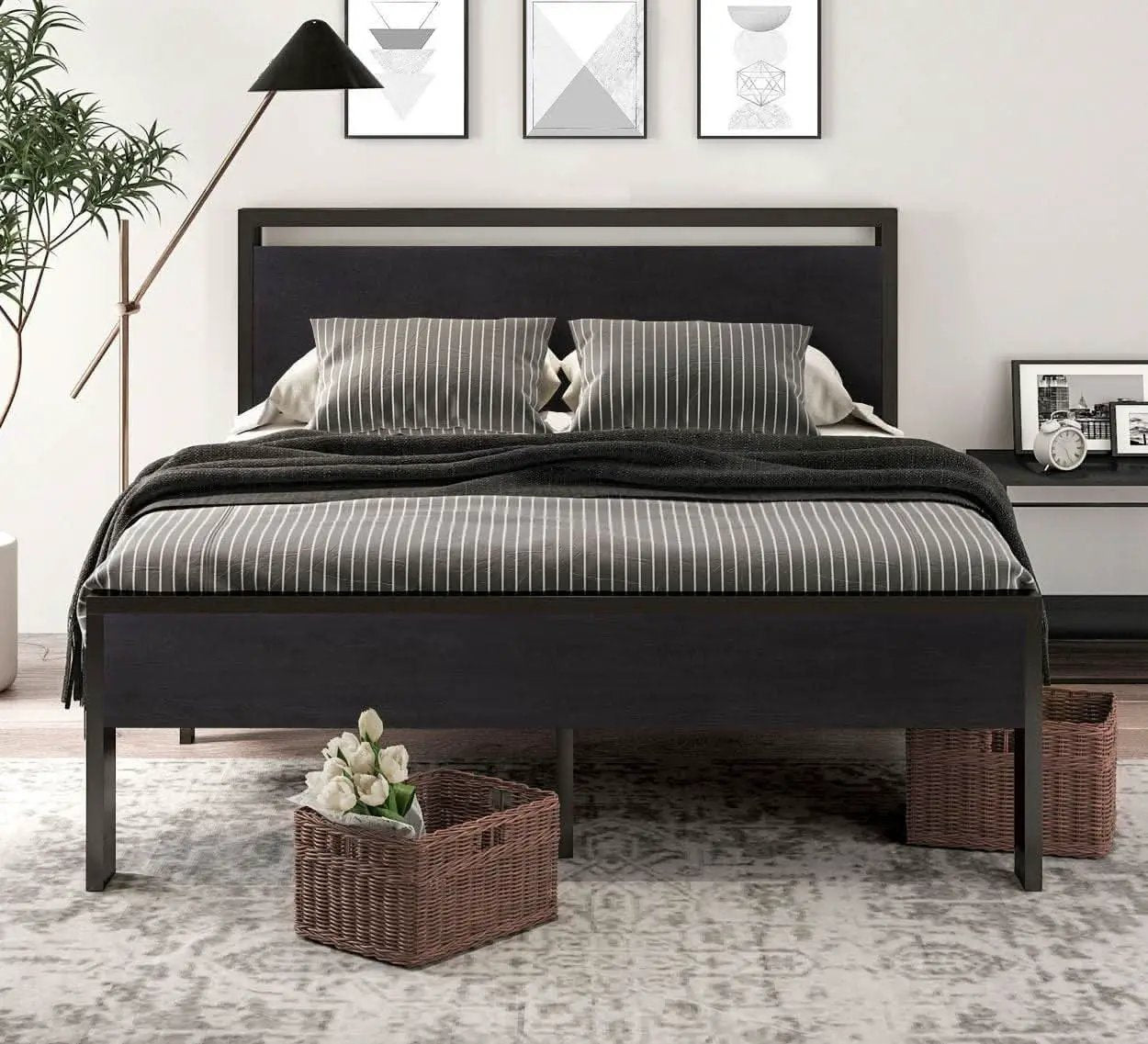 Queen Metal Platform Bed Frame With Storage Black Oak from PriceLows™