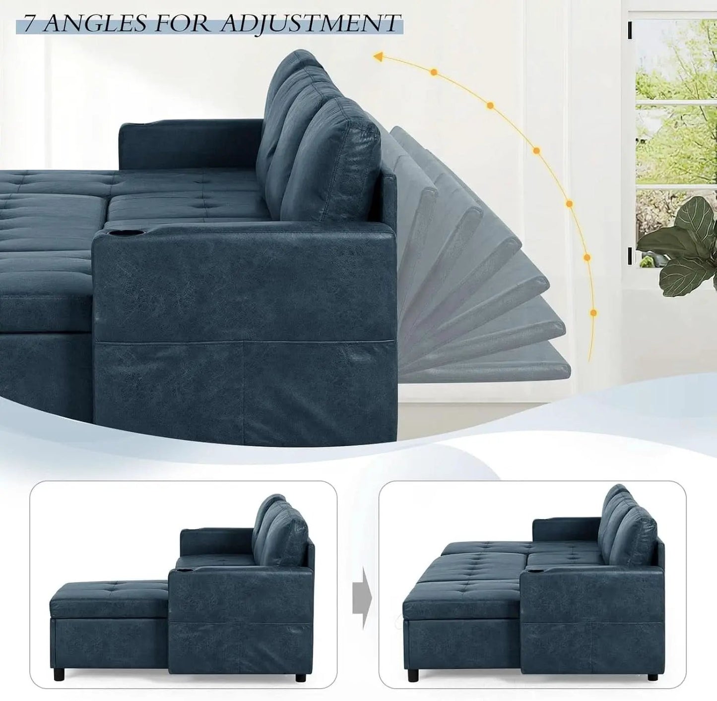Blue Genuine Suede Leather 110Inch Sectional Sleeper from PriceLows™